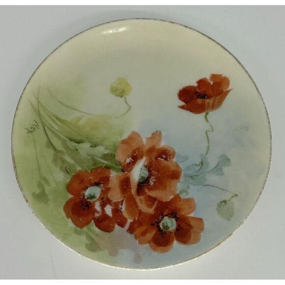 Vintage Silesia Porcelain Dish Plate Hand Painted Poppy Floral Gold Rimmed 6" - Picture 2 of 6